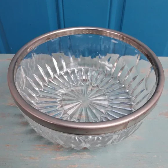 Cut Crystal Glass Bowl with Silver Plated Rim Vintage Serving Bowl - Picture 2 of 16